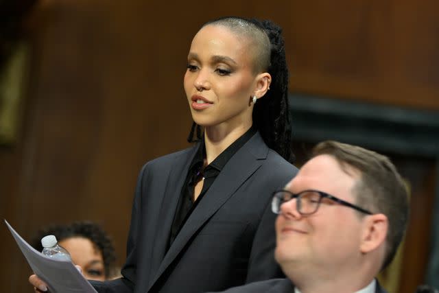 <p>Shannon Finney/Getty</p> FKA twigs and National Executive Director & Chief Negotiator at SAG-AFTRA, Duncan Crabtree-Ireland arrive for Congressional Testimony NO FAKES Act at Dirksen Senate Office Building on April 30, 2024 in Washington, DC