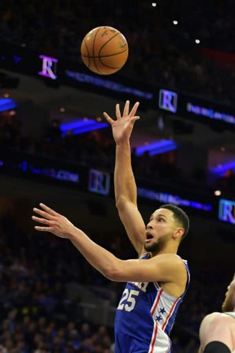 Philadelphia's Ben Simmons puts up a shot in the 76ers' NBA season-opening win over the Boston Celtics