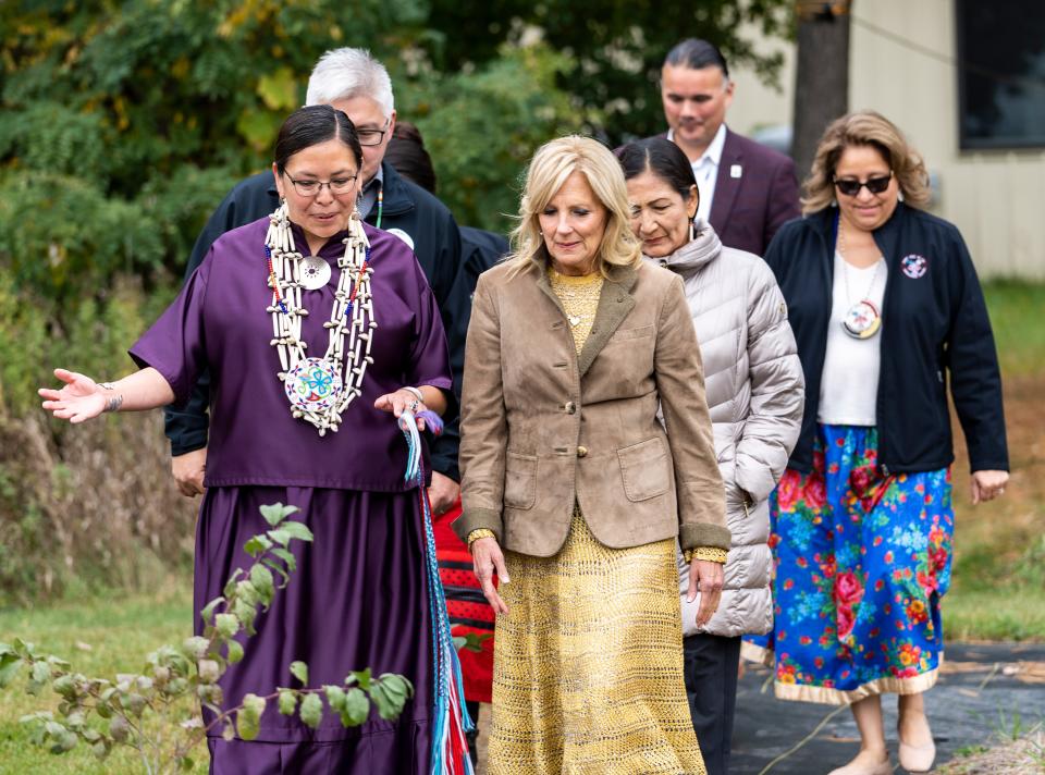 First lady Dr. Jill Biden and US Secretary of Interior Deb Haaland take a tour of the College of Menominee Nation garden with (left) Jennifer Gauthier, Director of the Sustainable Development Institute, during one of the Menominee Nation tour stops on Tuesday October 10, 2023 in Keshena, Wis.