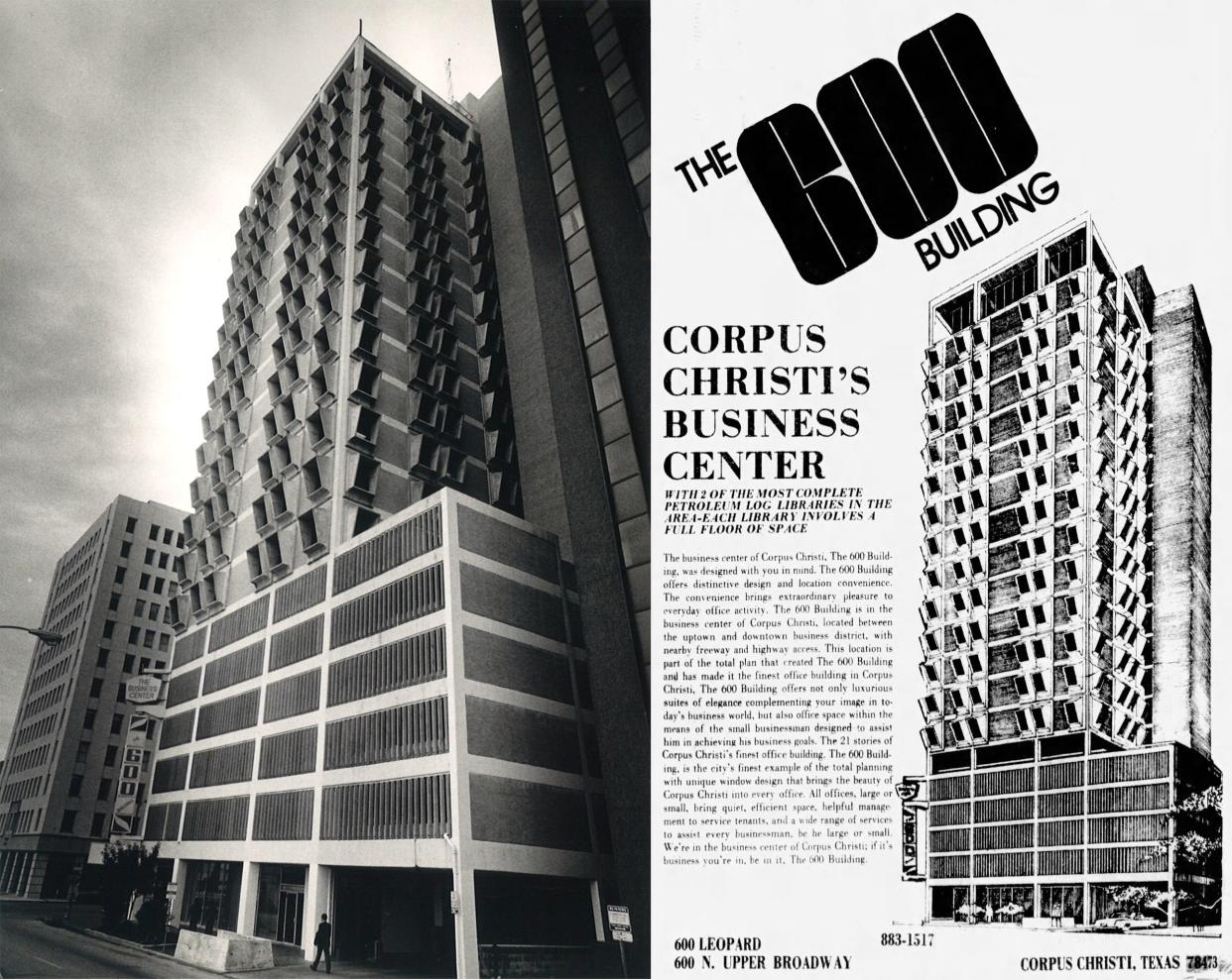 LEFT: A lone worker walks outside the 600 Building in uptown Corpus Christi on Sept. 8, 1986. RIGHT: An advertisement from the Jan. 29, 1978 Caller-Times details the benefits of renting office space in the 600 Building.