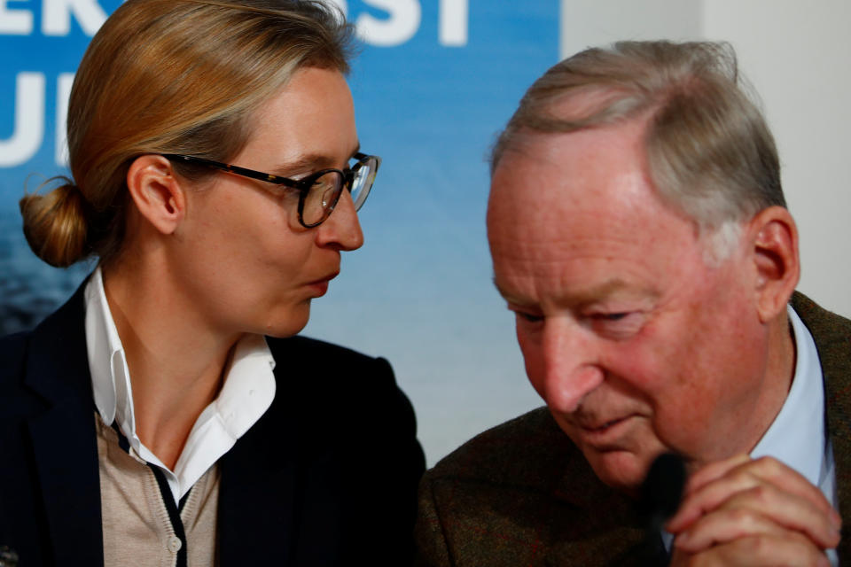 Co-lead AFD candidates Alexander Gauland and Alice Weidel attend a news conference in Berlin, Germany Sept. 18, 2017. (Photo: Axel Schmidt / Reuters)