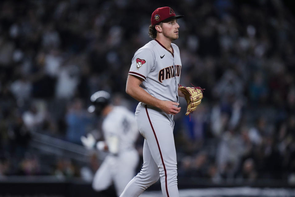 Arizona Diamondbacks starting pitcher Brandon Pfaadt waits as New York Yankees' Aaron Judge runs the bases on a two-run home run during the fifth inning of a baseball game Friday, Sept. 22, 2023, in New York. (AP Photo/Frank Franklin II)