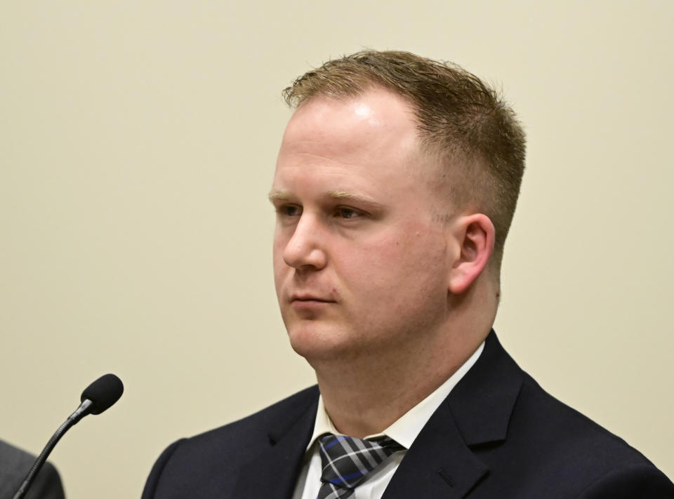 Aurora Police officer Nathan Woodyard at the Adams County Justice Center Jan. 20, 2023.  / Credit: Andy Cross/MediaNews Group/The Denver Post via Getty Images