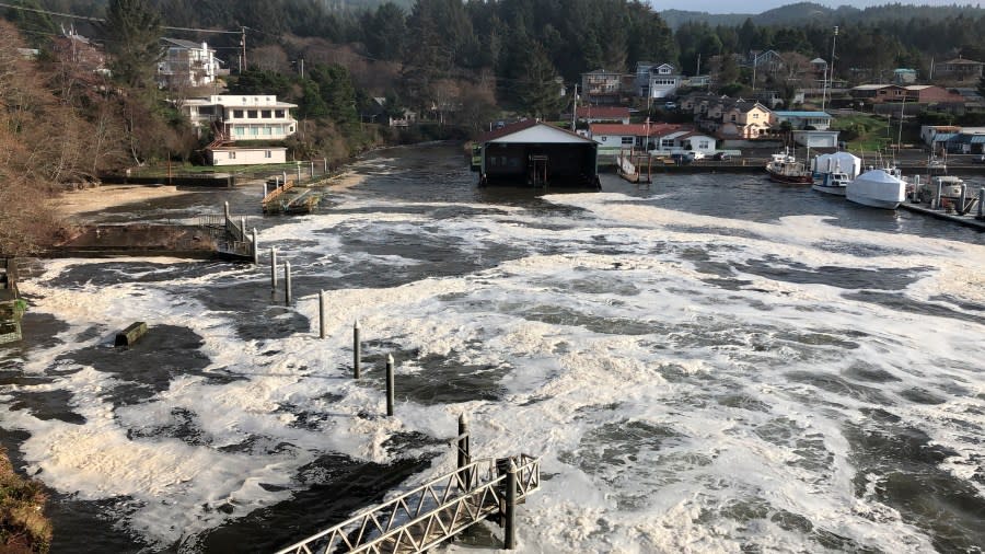 <em>In this Jan. 11, 2020 photo an extreme high tide rolls in and floods parts of the harbor in Depoe Bay, Ore. during a so-called “king tide” that coincided with a big winter storm. Amateur scientists are whipping out their smartphones to document the effects of extreme high tides on shore lines from the United States to New Zealand, and by doing so are helping better predict what rising sea levels due to climate change will mean for coastal communities around the world. (AP Photo/Gillian Flaccus)</em>