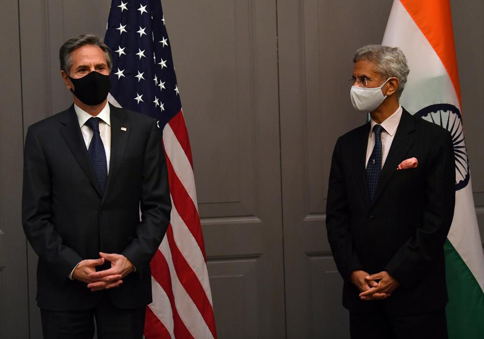 <p>US Secretary of State Antony Blinken, left, attends a press conference with India’s Foreign Minister Subrahmanyam Jaishankar in London on Monday</p> (AP)