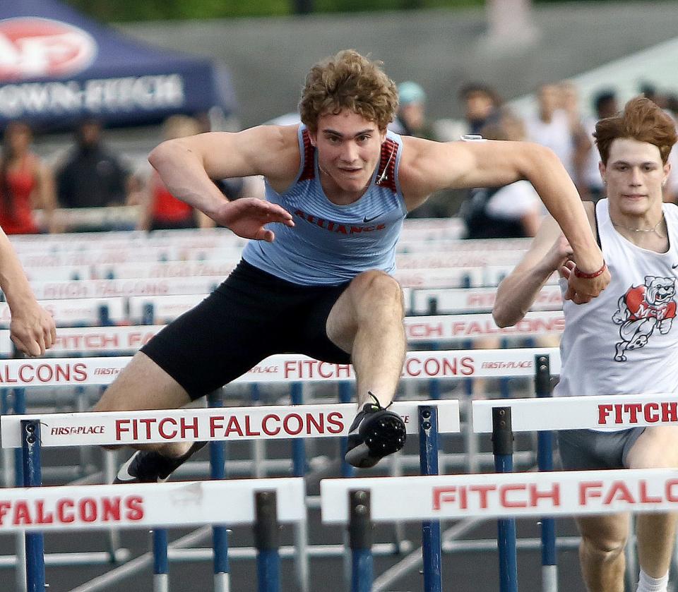 Alliance's Brendan Zurbrugg during a boys 110-meter hurdle heat at Division I regional track and field held at Austintown Fitch High School Wednesday, May 25, 2022.