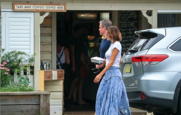 Matt Damon and wife Luciana Barroso have been spotted leaving a local cafe in Byron Bay. Source: Media-Mode