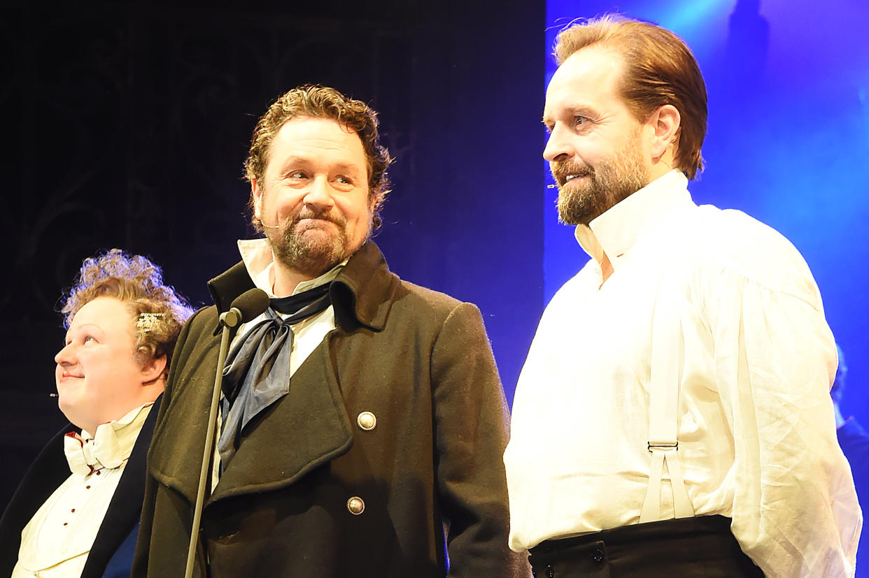 LONDON, ENGLAND - DECEMBER 05: (L to R) Matt Lucas, Michael Ball and Alfie Boe bow at the curtain call during the return of 