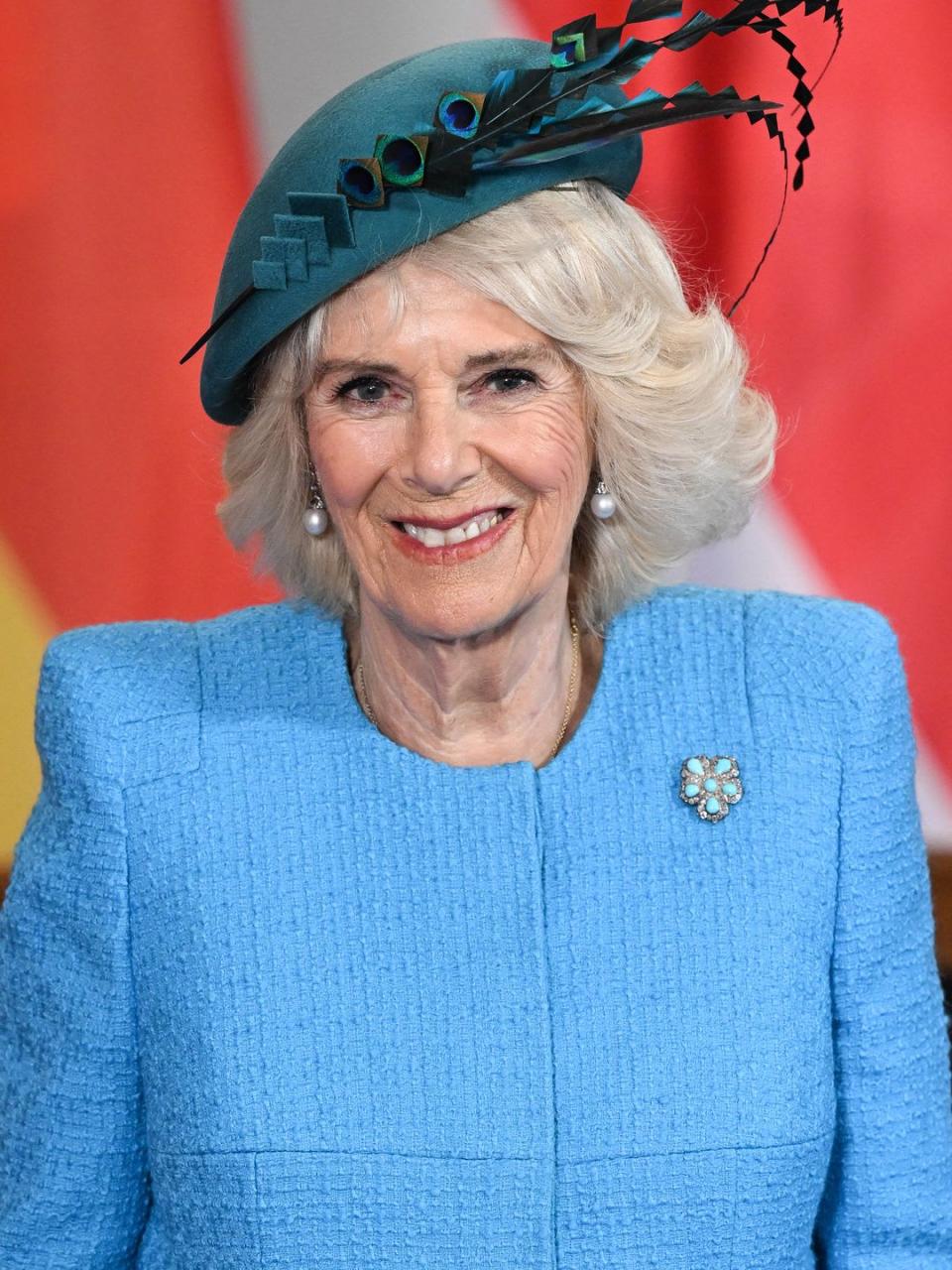 Camilla, Queen Consort at Schloss Bellevue presidential palace on the first day of the state visit to Germany on March 29, 2023 in Berlin, Germany.