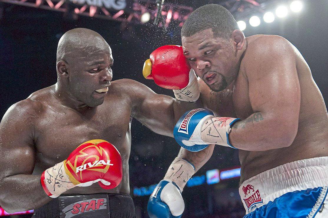 Powerhouse | Carlos Takam lands a left against Cuba’s Mike Perez in 2014: Rex Features