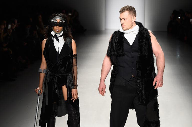 Models walk the runway in the Antonio Urzi collection at the FTL Moda fashion show during New York Fashion Week at Lincoln Center on February 15, 2015