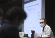 Chair Professor of public Health Medicine Gabriel Leung talks to journalists during a press conference in Hong Kong, Monday, Jan. 27, 2020. Hong Kong announced it would bar entry to visitors from the mainland province at the center of the outbreak. Travel agencies were ordered to cancel group tours nationwide following a warning the virus's ability to spread was increasing.(AP Photo/Achmad Ibrahim)