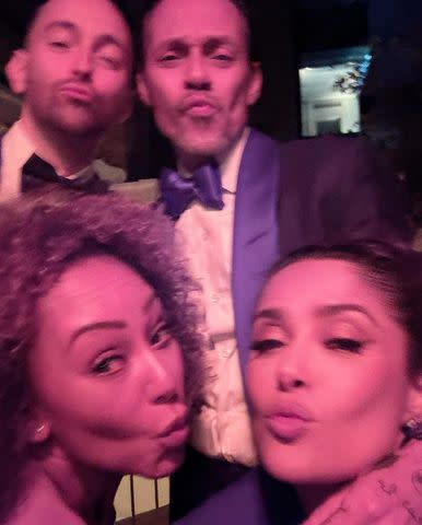 <p>Instagram/salmahayek</p> Salma Hayek poses with Mel B and Marc Anthony at Victoria Beckham's 50th birthday party on April 20, 2024