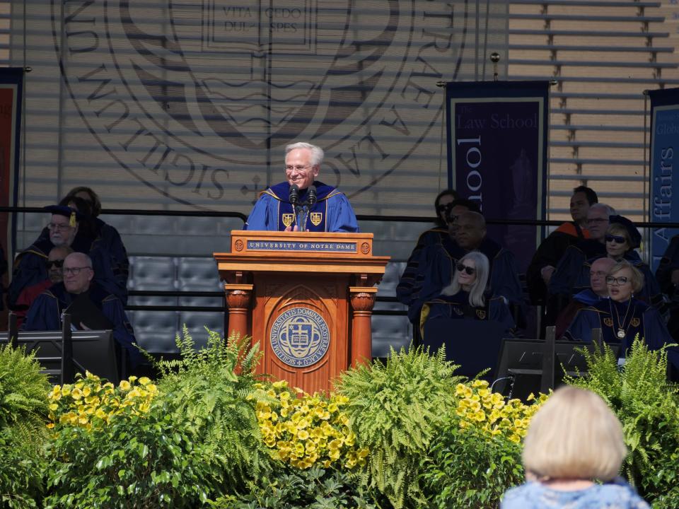The Rev. John I. Jenkins delivers a commencement address to the University of Notre Dame Class of 2024 at Sunday's commencement, his last after 19 years as president of the university.