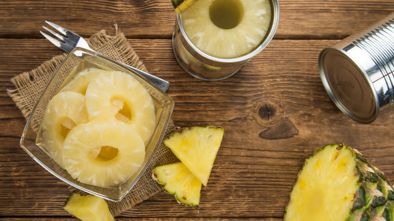 Slices of canned pineapple on table