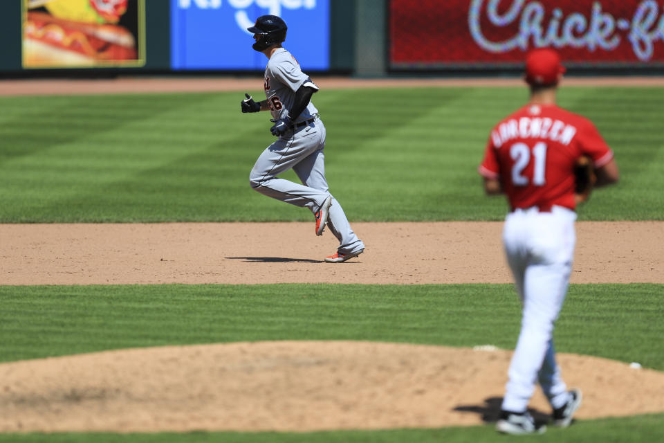 Detroit Tigers' C.J. Cron (26) runs the bases after hitting a two-run home run in the ninth inning during a baseball game against the Detroit Tigers at Great American Ballpark in Cincinnati, Sunday, July 26, 2020. (AP Photo/Aaron Doster)