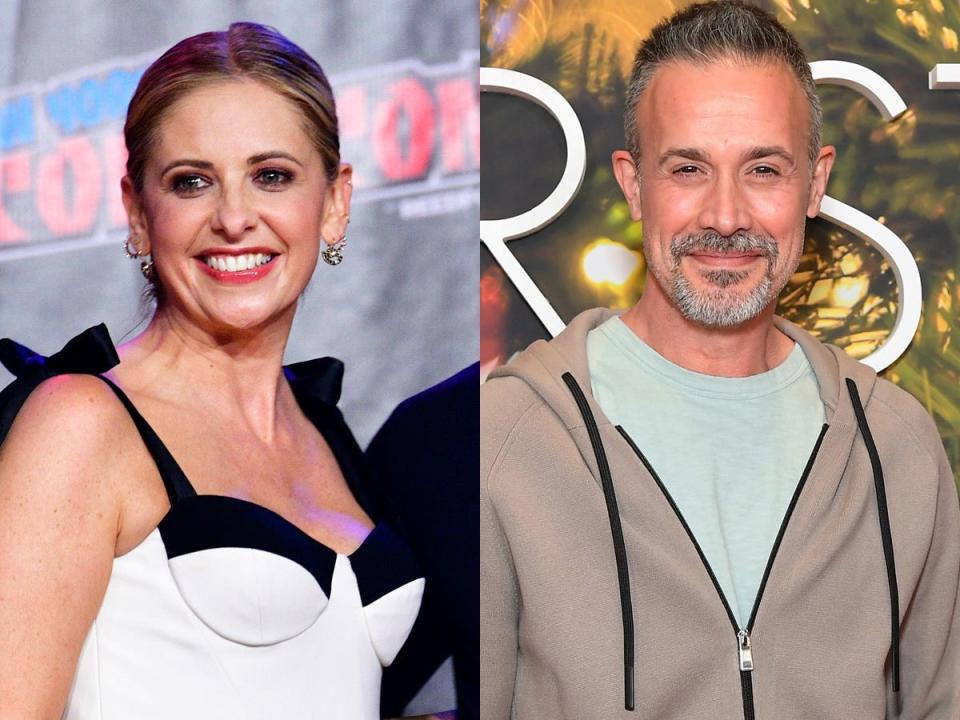 A side-by-side image of Sarah Michelle Gellar and Freddie Prinze Jr., both in 2022.