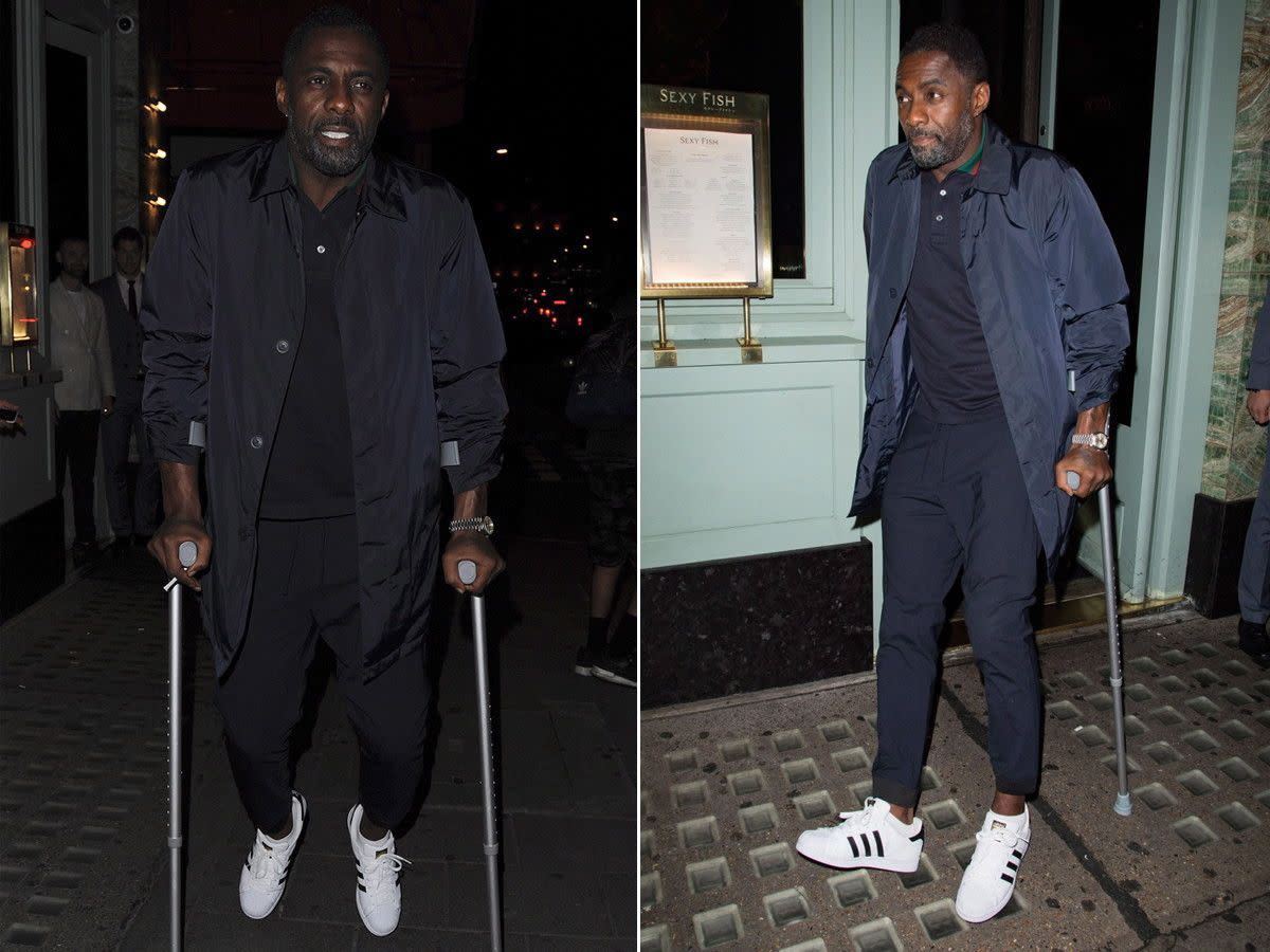 Even Idris Elba, who has a respectable amount of action movies under his belt, can overdo it. The 'Luther' star was spotted limping on crutches after leaving the Sexy Fish restaurant with pal Jack Whitehall in the Mayfair neighborhood of London on August 17, 2017, looking more than irritated his injury (and the barrage of cameras).