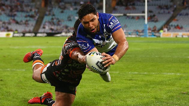Scored another double as the Bulldogs pounded Wests Tigers.