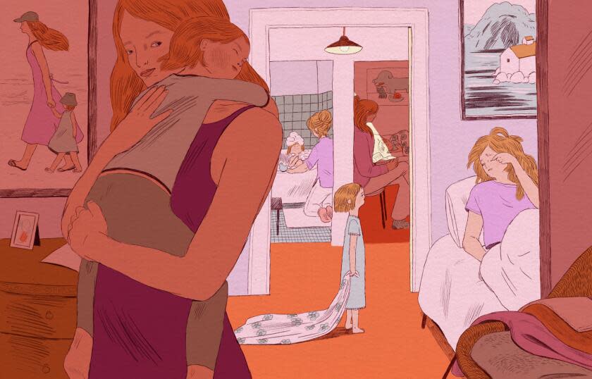 Illustration of a mother and daughter taking care of routine chores at home.