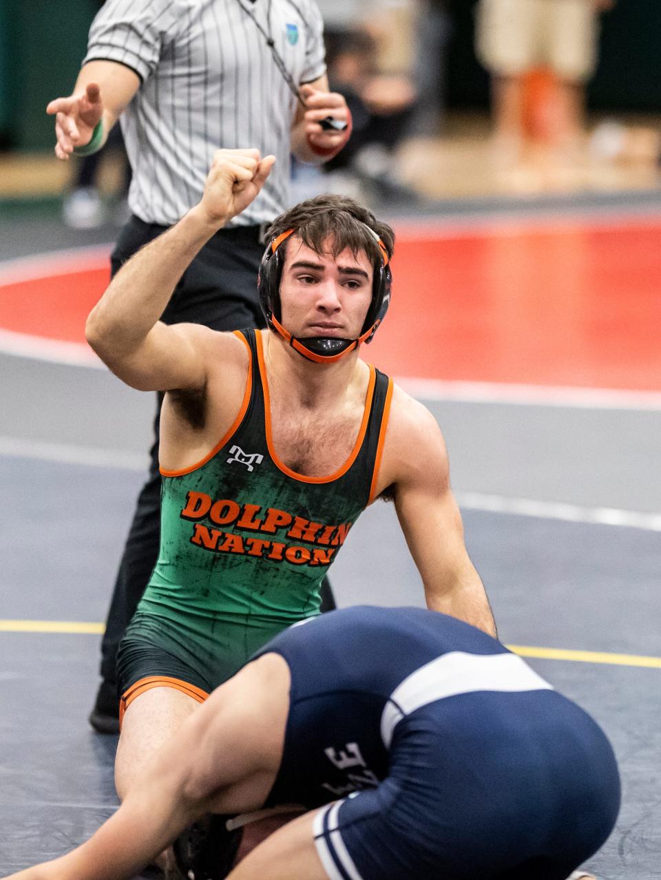 Dolphin Nick Kendrick a win over Ian Daily, from Gulf Breeze, in the 152-pound division. Mosley hosted the regional wrestling tourney Saturday, February 28, 2021.