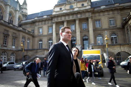 Former All Blacks rugby player Alexander "Ali" Williams, who is charged with purchasing cocaine in February while a player for French club Racing 92, leaves the courthouse in Paris, France, April 5, 2017. REUTERS/Charles Platiau