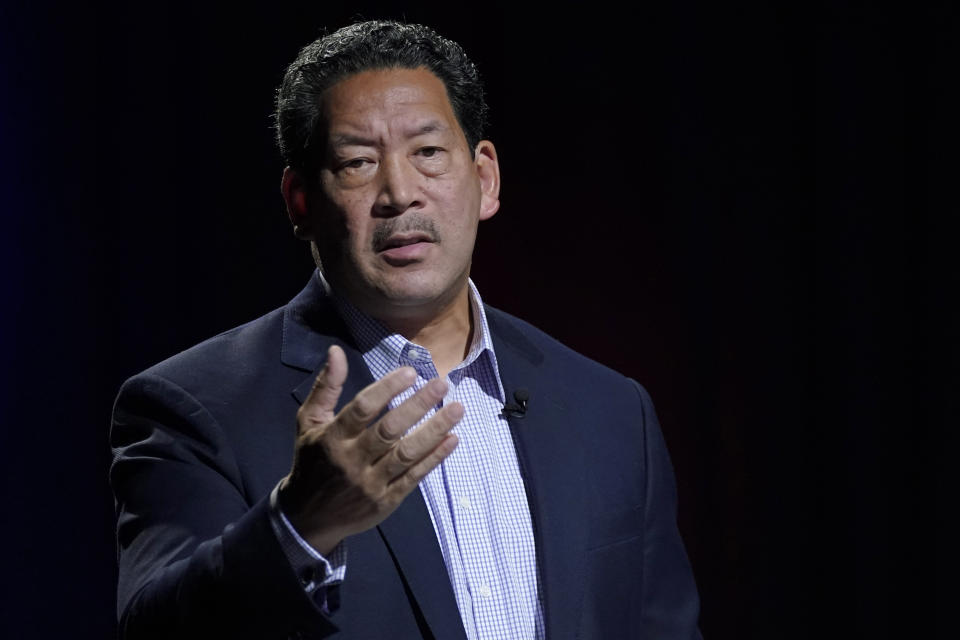 Bruce Harrell speaks Thursday, Oct. 14, 2021, during the first of two debates in Seattle scheduled before the November election for the office of mayor. Harrell is running against Lorena Gonzalez. (AP Photo/Ted S. Warren, Pool)