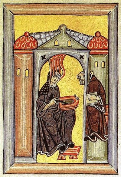 Hildegard of Bingen's depiction shows her experiencing a spiritual vision while dictating to a scribe.