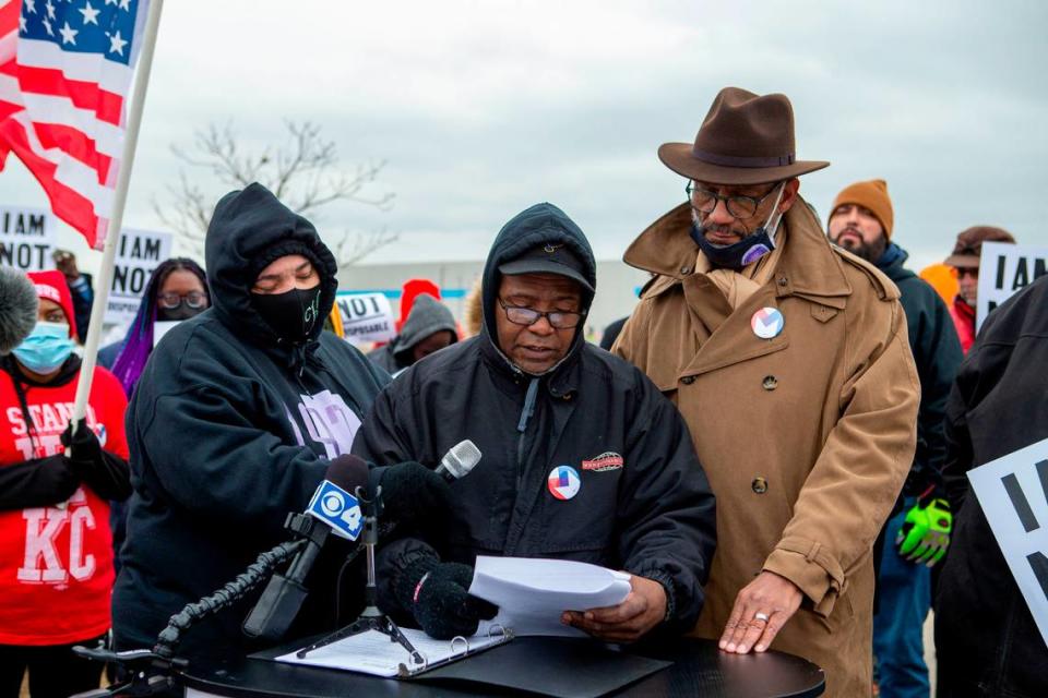 Jeffery Hebb, the father of one of six workers killed in a tornado that collapsed walls and parts of the roof at an Amazon warehouse in Edwardsville on Dec. 10, spoke at the site during a rally Thursday.