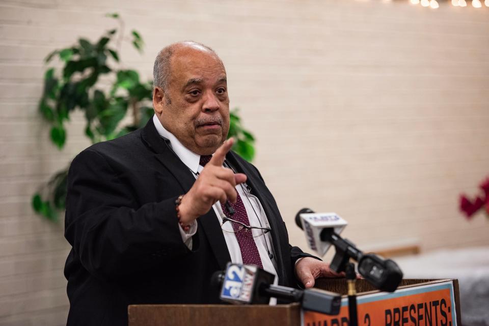 State Rep. Earle Banks, D-Jackson, speaks during Ward 3 City Councilman Kenneth Stokes' town hall at Medgar Evers Library in Jackson on Thursday. The meeting was held to discuss the expanding jurisdiction of the Capitol Police.