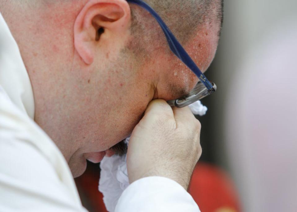 Paul Jamrosky talks to the media on July 5, 2023, after testifying in court against the gunman who killed 23 people in a Walmart in El Paso, Texas. He is the father of Jordan Anchondo, who was killed alongside her husband, Andre Anchondo, during the mass shooting.