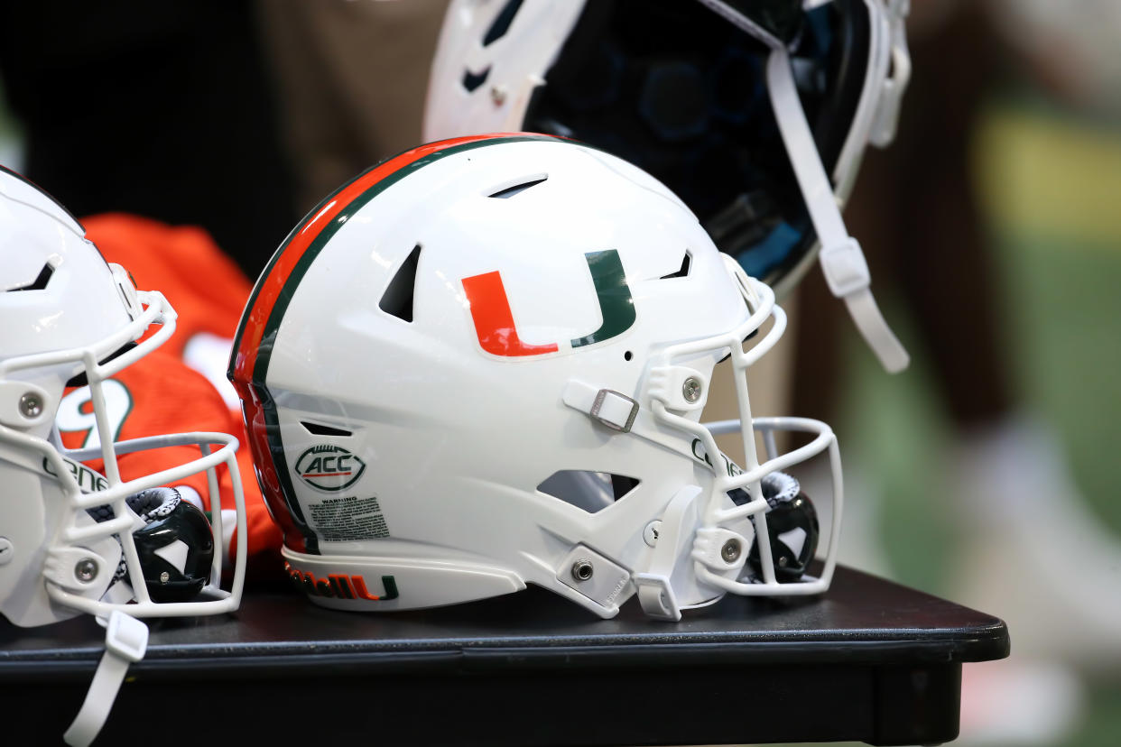ATLANTA, GA - SEPTEMBER 04: A general view of a Miami Hurricanes helmet during the Chick-fil-A Kickoff Game between the Miami Hurricanes and the Alabama Crimson Tide on September 4, 2021 at Mercedes Benz Stadium in Atlanta, Georgia.  (Photo by Michael Wade/Icon Sportswire via Getty Images)