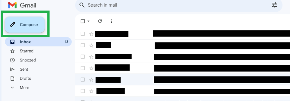 Screenshot of a Gmail inbox with the Compose button highlighted by a green square.