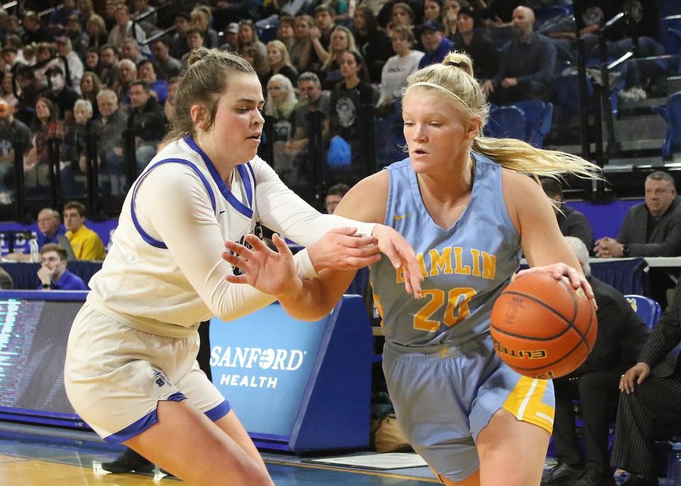 Hamlin's Kami Wadsworth dribbles past a St. Thomas More defender during the Class A state basketball championship game in Brookings.