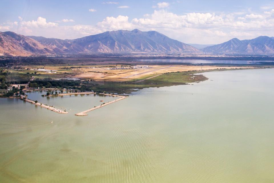 Aerial view of Utah Lake Park with Provo Airport behind