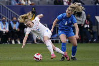 The Czech Republic's Aneta Pochmanova, left, falls as she goes after the ball while under pressure from Iceland's Ingibjorg Siguroardottir during the first half of a 2022 SheBelieves Cup soccer match Sunday, Feb. 20, 2022, in Carson, Calif. (AP Photo/Mark J. Terrill)