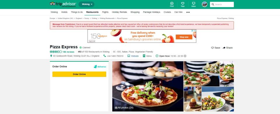 TripAdvisor's Pizza Express Woking page. (TripAdvisor/PA)