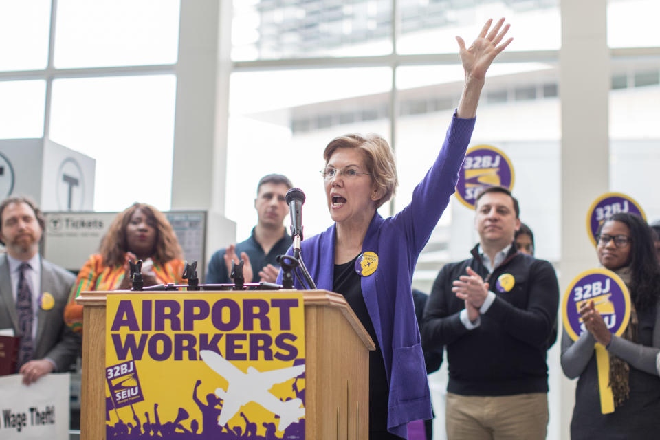 Sen. Elizabeth Warren, D-Mass., at a rally for airport workers affected by the government shutdown at Boston Logan International Airport on Jan. 21. (Photo: Scott Eisen/Getty Images)