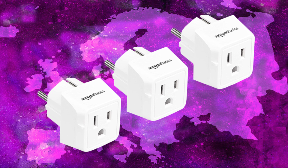 Three European plug adapters on background of Europe map