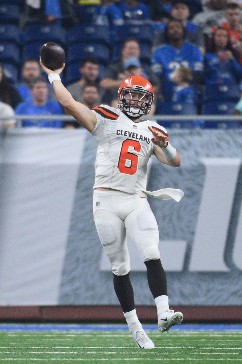 Cleveland Browns quarterback Baker Mayfield drops back to pass during the preseason game against the Detroit Lions at Ford Field on Aug. 30, 2018 in Detroit.