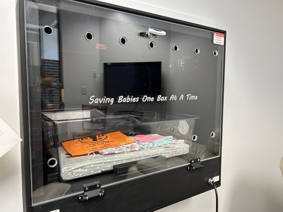 The interior of a Safe Haven Baby Box installed in August 2023 at an EMS station in Beech Grove, Indiana, is pictured.