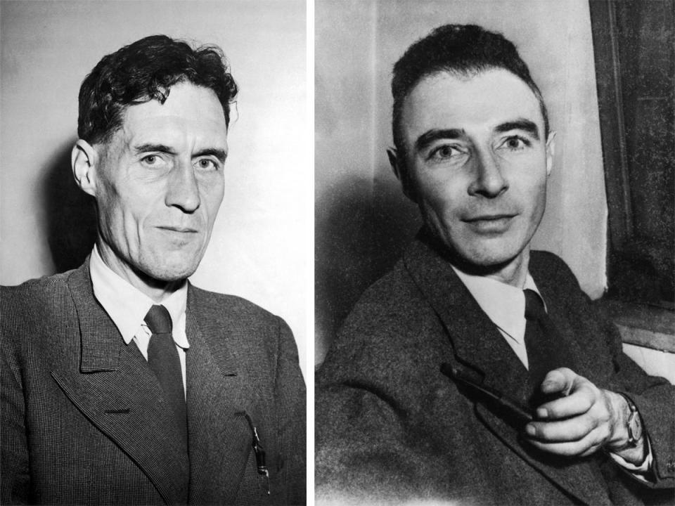 Black-and-white photos of Patrick M. Blackett and J. Robert Oppenheimer side by side.