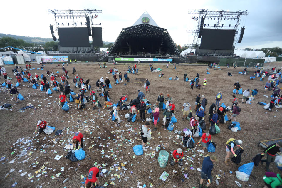 A sea of rubbish in front of the Pyramid stage at the Glastonbury Festival, June 26 2023. The field will be cleaned inch by inch over the next few hours so the field can be grazed by cows once again.