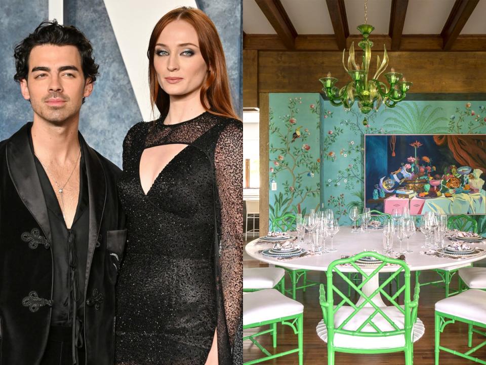 Left: Joe Jonas and Sophie Turner at the 2023 Vanity Fair Oscars after-party. Right: A dining room in the couple's Miami home.