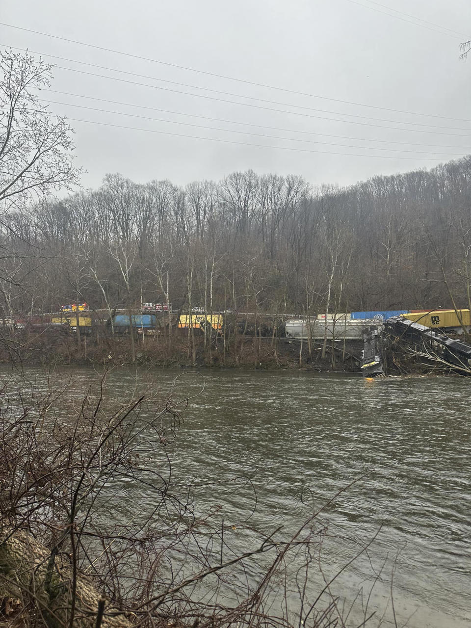 This photo provided by Nancy Run Fire Company shows a train derailment along a riverbank in Saucon Township, Pa., on Saturday, March 2, 2024. Authorities said it was unclear how many cars were involved but no injuries or hazardous materials were reported. (Nancy Run Fire Company via AP)