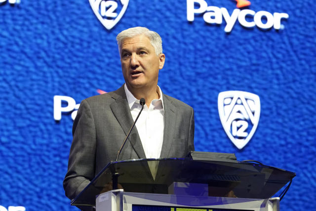 Pac-12 commissioner George Kliavkoff speaks at the NCAA college football Pac-12 media day Friday, July 21, 2023, in Las Vegas. (AP Photo/Lucas Peltier)