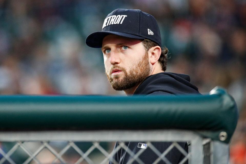 Detroit Tigers pitcher Casey Mize (12) looks on from the dugout during the eighth inning against the Houston Astros at Comerica Park in Detroit on Saturday, May 11, 2024.