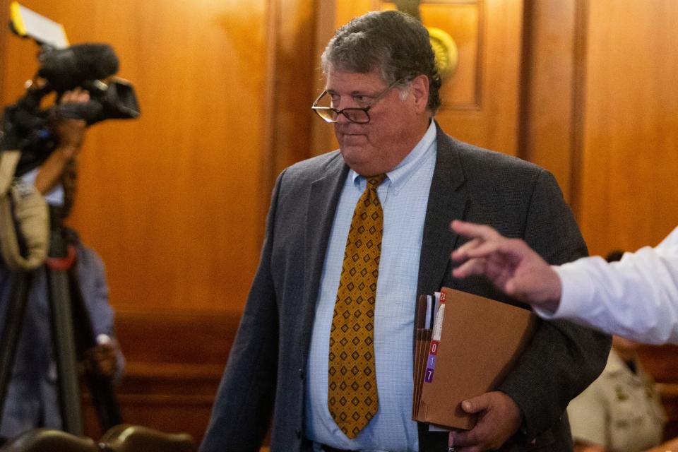 Jeff Germany, the attorney representing Riley Keough, walks into the courtroom for an injunction hearing over a potential foreclosure sale of Elvis Presley's Graceland estate at Shelby County Chancery Court in Memphis, Tenn., on Wednesday, May 22, 2024.