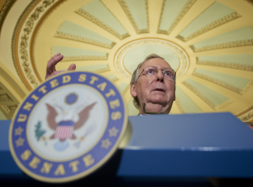 FILE - In this July 12, 2016 file photo, Senate Majority Leader Mitch McConnell of Ky. speaks during a news conference on Capitol Hill in Washington. McConnell says he’s waiting for the White House to chart a path forward on gun violence legislation following another mass shooting in Texas. Asked about a Senate vote on House-passed legislation to expand background checks for gun purchases, McConnell said, “The administration is in the process of studying what they’re prepared to support, if anything, and I expect to get an answer to that next week.” (AP Photo/Manuel Balce Ceneta, File)