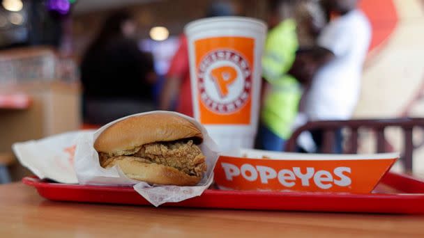 PHOTO: In this photo taken on Aug. 22, 2019, a chicken sandwich is seen at a Popeyes as guests wait in line, in Kyle, Texas. (Eric Gay/AP)